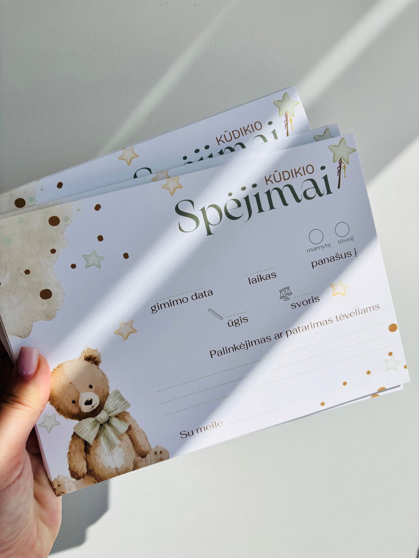 Babyshower kortelės Kūdikio spėjimų ir patarimų kortelės