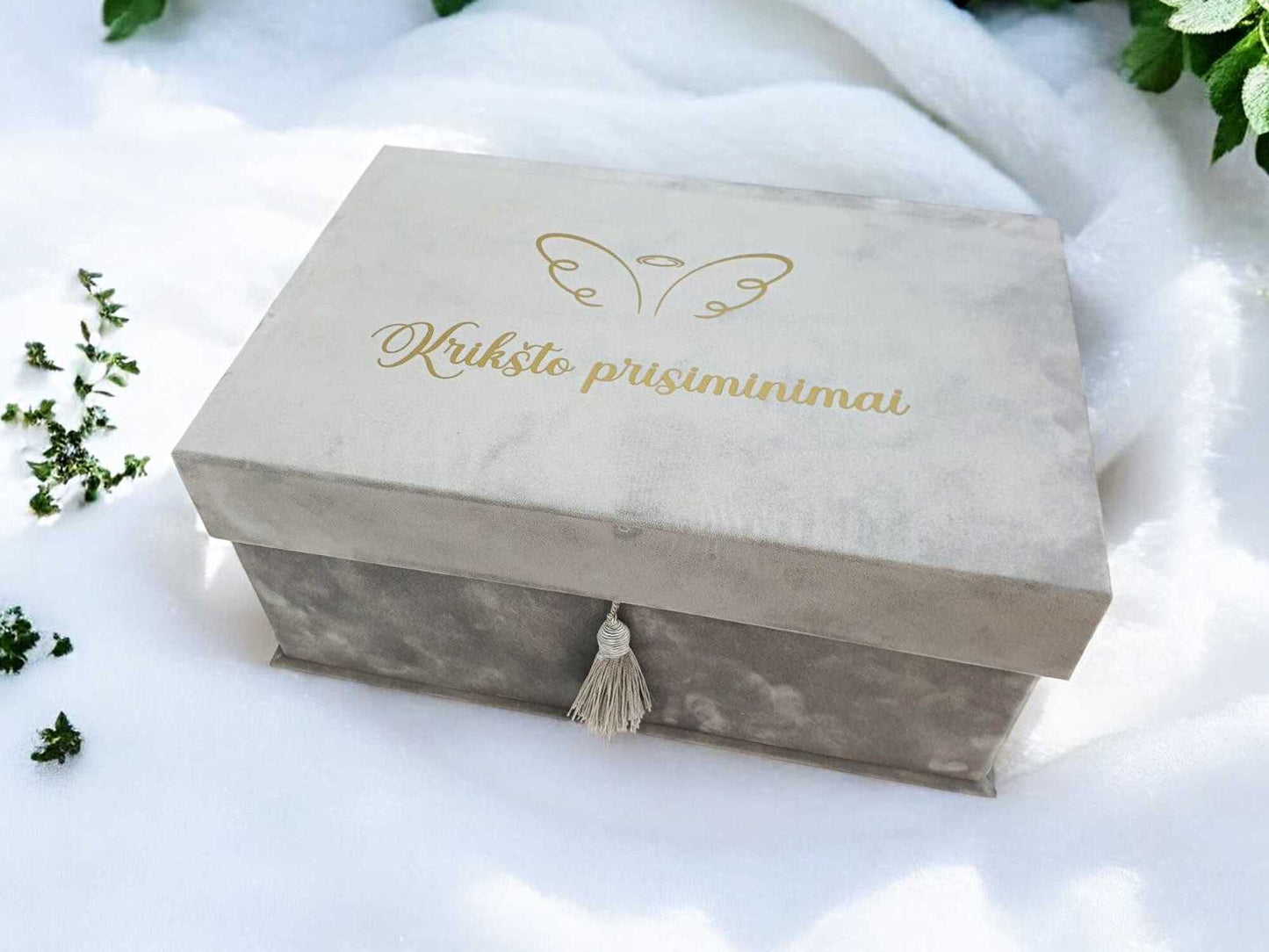 Aksominė pilkos spalvos Krikšto dėžė