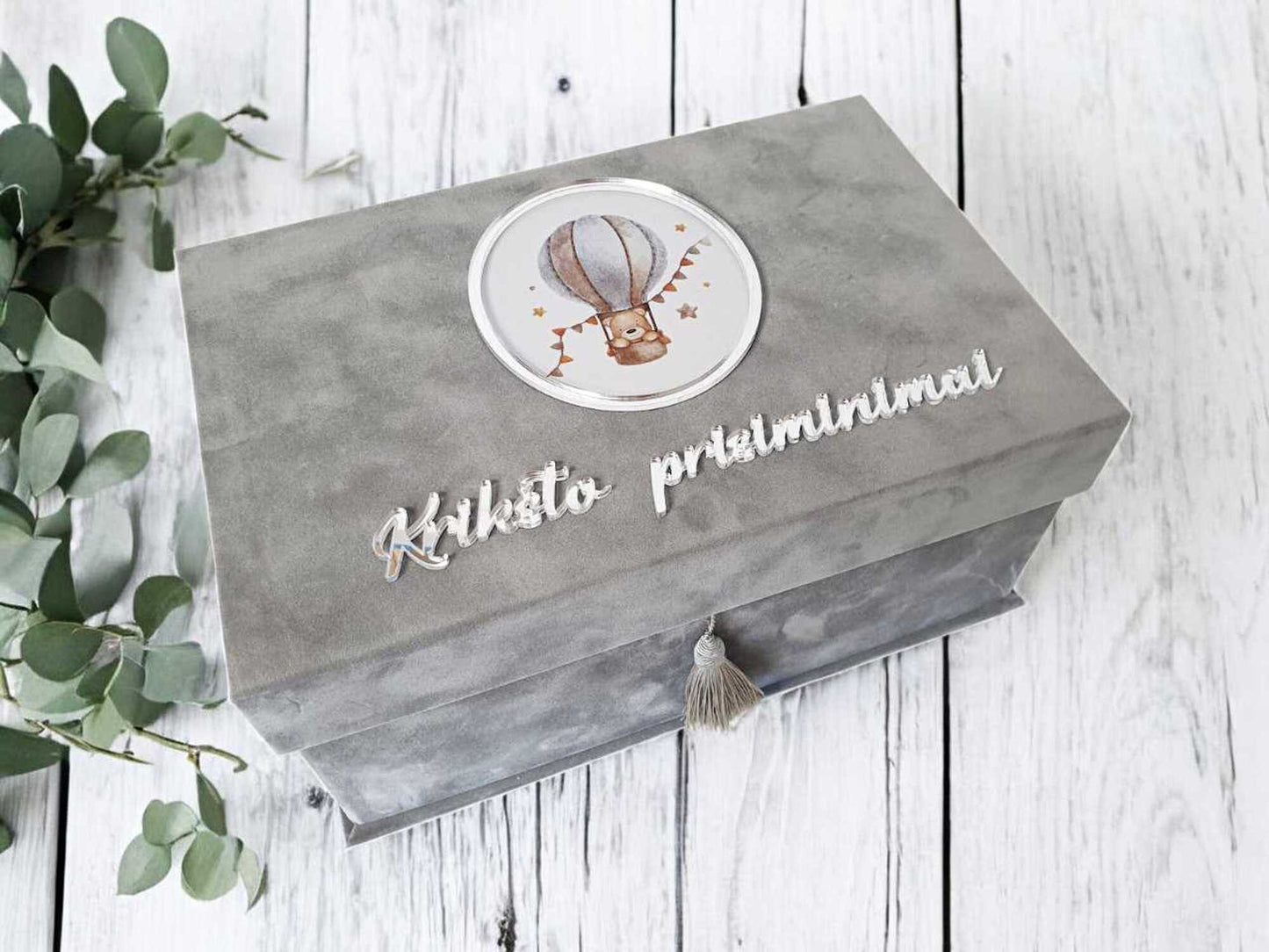 Aksominė Krikšto prisiminimų dėžė su vardu meškučių tema