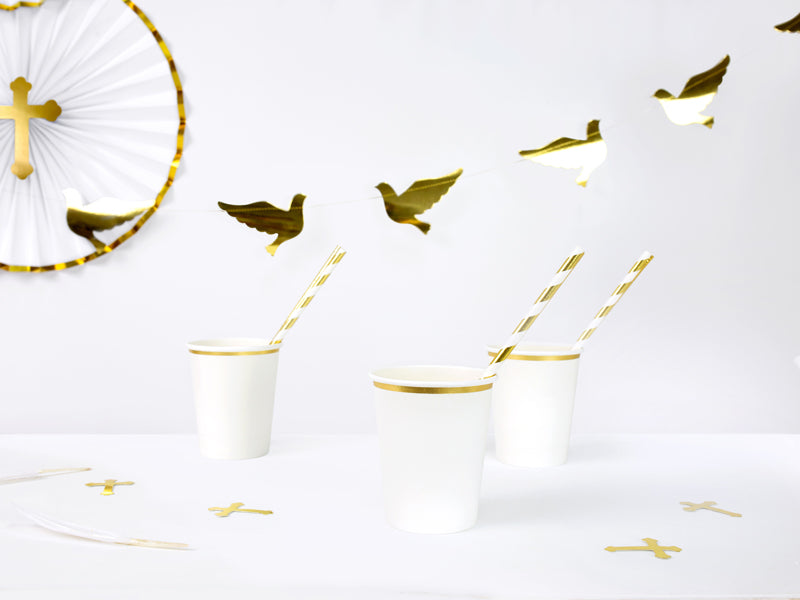 Popieriniai puodeliai baltos spalvos su aukso krašteliu