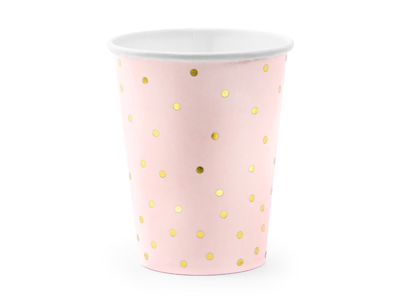 Rožiniai puodeliai su blizgiais aukso spalvos taškeliais