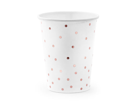 Balti vienkartiniai puodeliai su rožinio aukso spalvos taškeliais