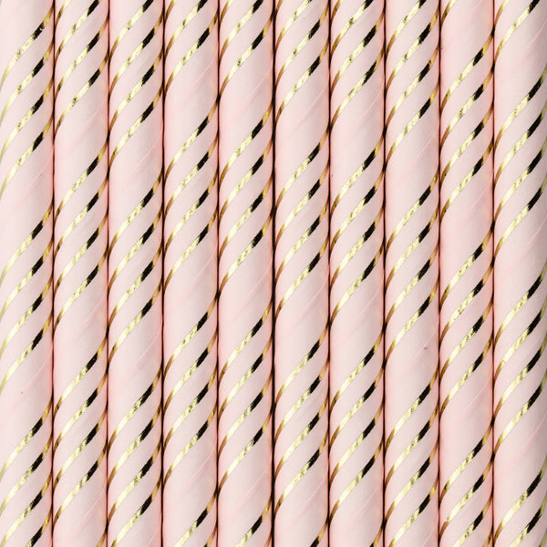 Popieriniai šiaudeliai rožiniai su aukso dryželiais