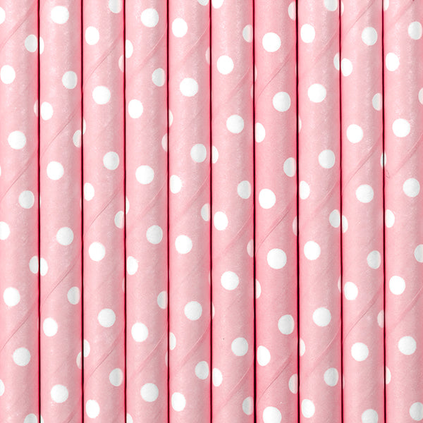 Popieriniai šiaudeliai rožiniai su baltais taškeliais